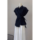Fall 2025 New French Style Black Belt Waist Design Shoulder Version Of Short-Sleeved Professional Shirt Set