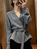 Korean Wearing Gray V-Neck Long-Sleeved Knitted Shirt Women's Autumn And Winter Loose Lazy Waist Sweater Inside The Bottom Top