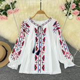 Spring And Autumn Vintage National Style Art Embroidery Round Collar Loose Thin Tsetse Cotton Shirt Women's Casual Top