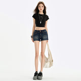 Vintage Low-Rise Double-Buckle Denim Shorts Women's Summer Design Feel-Up Elastic Skinny Hot Trousers
