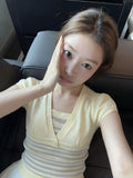 Summer Pure Style Slimming Temperament Short-Sleeved T-Shirt Commuter Leisure Stripe True Two V-Neck Bubble Sleeve Woman