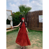 2025 Is Suitable For Travel To Thailand Wearing Vintage Wine Red Sleeveless Hanging Neck Loose Dress Seaside Holiday Wind