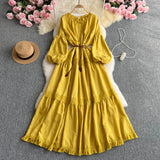 French High-End Lace Splicing Strap To The Waist Lantern Sleeve Dress Female Thin Temperament Over The Knee Dress
