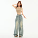 High Street Retro Broad-Legged Trousers Babes Loose Hanging Feeling Worn Mop Cowgirl Trousers Lengthy Denim Cotton