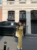 Korean Version Of Yellow Long-Sleeved Knitted Dress Women's Autumn Slime Temperamental Ass Dress Body To The Waist Long Skirt
