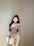 One-Word Shoulder Lace Hanging Neck Long-Sleeved T-Shirt Girl Autumn Kinesi Design Purple Short Bottom Shirt Top
