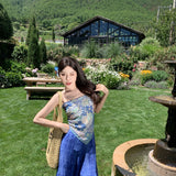 2025 Holiday Style Blue Print Bare Back Sling Sling Sling Sling Sexy Bra Scarf Two Wearing Large Square Towel Set