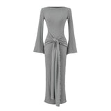 Rose Red Shoulder More Wearing French Spring And Autumn Sexy Dress Women Casual Commuting Horn Sleeves Thin Dress