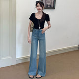 Blue Sky Silk Cowboy Broad-Legged Trousers Women 2026 Spring And Summer New Design Feeling Lumbar Leather Trousers