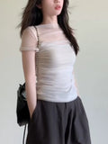 Net Yarn Spliced White Perspective Shoulder Short Sleeve T-Shirt Girls Summer Particularly Beautiful Threous Small Top Thin