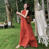 2026 New Chinese Style Retro Red Hanging Neck Dress Summer Temperament Simple Yunnan Tourism Holiday Dress