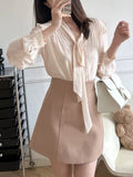 Zhiyuan Sister V Collar Pressure Folded Long Sleeve Chiffon Shirt Women's Autumn Thin Loose Tops Appear High Commuter Lantern Sleeves