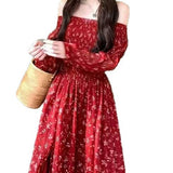 Super Beautiful Holiday Wind Red Broken Flower Bra Shoulder Dress To Collect Waist White Dress 2026