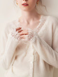 Lace Side Design Shows Noble Baby Goat Knitted Cardigan V Collar Loose Short Wool Coat