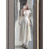 French Gentle Style Long Dress Temperament V Collar Short Sleeves Broken Flower Dress 2025 Summer Waist Apparent White Dress