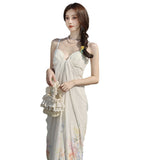 New Chinese Seaside Holiday Pure Sexy Smeared Breasts With Dressing Temperament Beautiful Flowers Long Skirts Women Summer