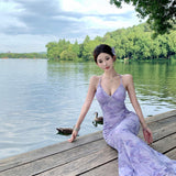 Sexy Pure Ambience Feel Back Purple Dress Slimy Tossed Fishtails Holiday Dress