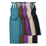 Strong Curry Hanging Neck Knitted Collar Dress Maid Sexyle Open Fork Bare Backpack Dress Dress Woman