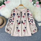 2025 New Bohemian Retro Embroidery Print Top Women Loose Casual French Chic Long-Sleeved Shirt