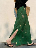 Mingmei Wears A Beautiful And Beautiful Holiday Temperament Green Print Side Open Fork A Word Half-Dressed Woman