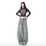 Vintage Scissors Jeans Female Star Print Pants Loose Straight Water Wash Old Broad Leg Pants