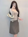 Autumn Smart Style Set Knitted Long Sleeve Open Shirt Two Sets Of Solid Color Sling Sweater Wool Knitted Skirt