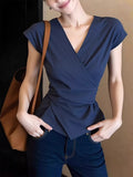 2026 Summer Beautiful Small Interior Design Feeling Unique Beautiful Blouse Important Occasion Blue V-Neck T-Shirt Girl
