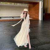French Gentle Wind Mesh Splicing Collar Dress Niche Design Feel Beautiful Temperament Seaside Holiday Long Skirt