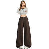 6605 New Coffee Color Retro Babes Split Jeans Women Straight Show Thin Loose Leg Trousers