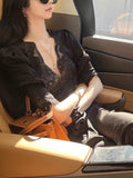 Korean Atmosphere Imitation Acetate Lace Side Bubble Sleeve To Close The Waist V Collar Top