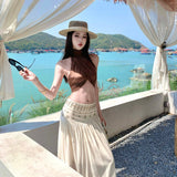 Burning Cuban Hanging Neck-Luck Shoulder Coat / Holiday Wind Heavy Industry Rice White Letter Retro Low-Waist Half Skirt