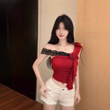 Net Red Pure Lust Lace Lace Slant Shoulder Vest Three-Dimensional Lace Han Han Yen Age-Reduced Sleeve Sexy Slimming Top