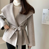 Korean Chic Autumn And Winter Retro Temperament Simple High-End Feeling Big Collar Strapped Haired Coat 2 Colors
