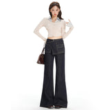 Deep Blue Retro Asymmetric Waist Seal Design Micro-Tipped Jeans Women 25 Years Autumn And Winter New Fake Two Broad-Legged Trousers