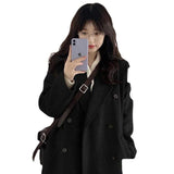 Double Buckle Black Hair This Coat Female Hepburn Wind This Coat Small Autumn Winter New Korean Retro Trend