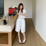 2 Color Retro Loose Broad Leg Pants Tight Waist Drawstring 100 Straight Five-Point Trousers Summer Casual Pants Woman