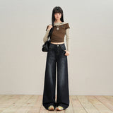 Blue-Gray Broad-Legged Trousers Women Autumn And Winter Jeans Women Retro High Waist Regular Denim With Tag