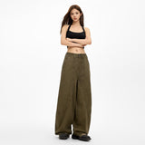 Army Green Broad-Legged Jeans Women's Loose Summer Retro Splicing Design Old Dad Drag Trousers