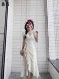 New Super Fairy Gentle Wind V-Neck Dress Holiday Wind Woman Waist Irregular Lotus Leaf Side First Love A Word Long Dress