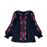 Spring And Autumn Vintage National Style Art Embroidery Round Collar Loose Thin Tsetse Cotton Shirt Women's Casual Top