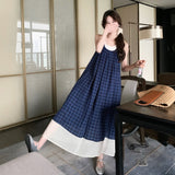 Blue Lattice Sleeveless Dress French Literary Style Retro Small Fresh Holiday Sling Vest Long Dress