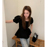 Korean Version Of The Retro Age Reduction Of The Age-Skinny Buds Under The Hem Bubble Short Sleeves And Shoulders Knitted Top 2 Colors