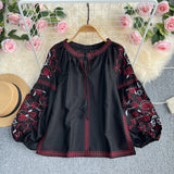 Vintage Lantern Long-Sleeved Round-Neck Embroidered Shirt Ethnic Wind Embroidery Escheasus Loose With Cotton Doll Shirt Top