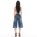 Vintage Paris Buckle Design Bamboo Denim Fabric Seven-Point Broad Leg Pants 2026 New Women's Thin Summer