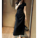 2026 New French Retro Gray Short-Sleeved Dress Women's Summer Design Feel Waist Folded Bag Hip Dress