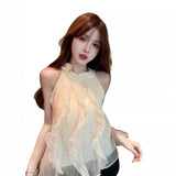 Sweet French Gentle Wind Three-Dimensional Flowers Hanging Neck Sling Vest Female Chic Niche Plain Sleeveless Top