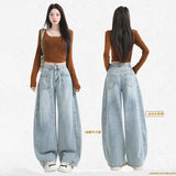 1101# Light Blue Embroidered Broad-Legged Jeans Women's New High-Rise Straight-Barreed Loose Drag Trousers