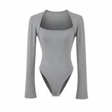 Grey Street Long-Sleeved T-Shirt Girl Spring And Autumn Slimming Square Collar Shoulder Knitting Hottie Bottom Top