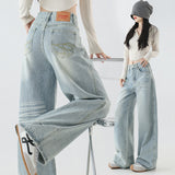 Small Retro Wash Wide Leg Jeans Women Autumn Design Embroidered Folds Loose Drag Trousers