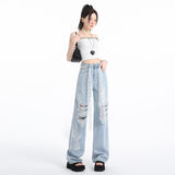 (No Belt) 2025 Summer Explosion Heavy Industry Lace Ripped Jeans Women High Waist Thin Korean Version Fashion Print